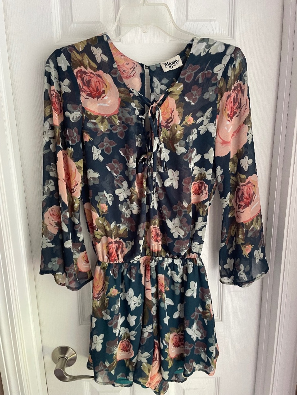 Show Me Your Mumu Floral Lace-Up Bell Sleeve Romper - Medium